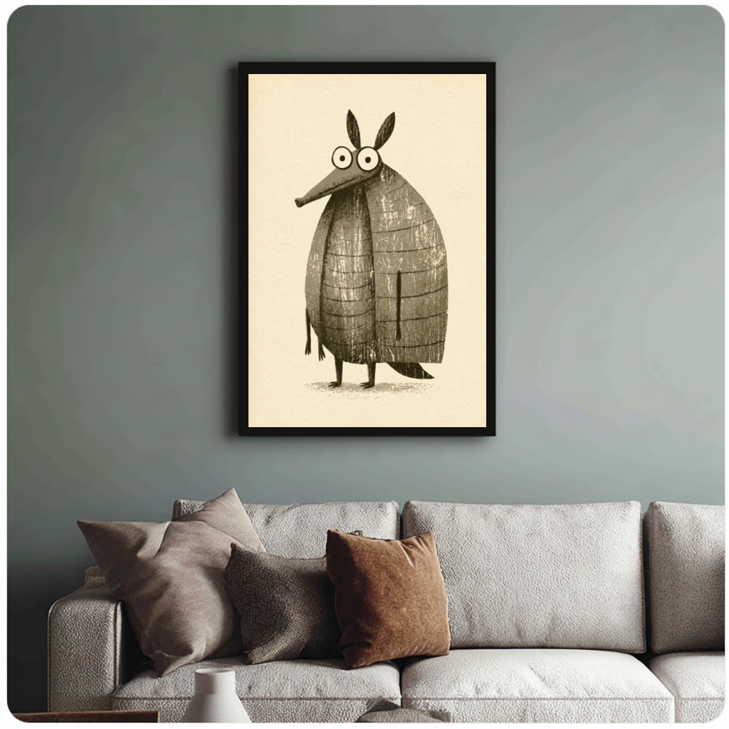 Framed funny little armadillo canvas above a neutral sofa with cushions against a muted wall.