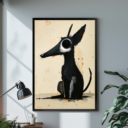 Black framed long snout black dog canvas on a pale wall above a desk and plant.