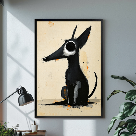 Black framed long snout black dog canvas on a pale wall above a desk and plant.