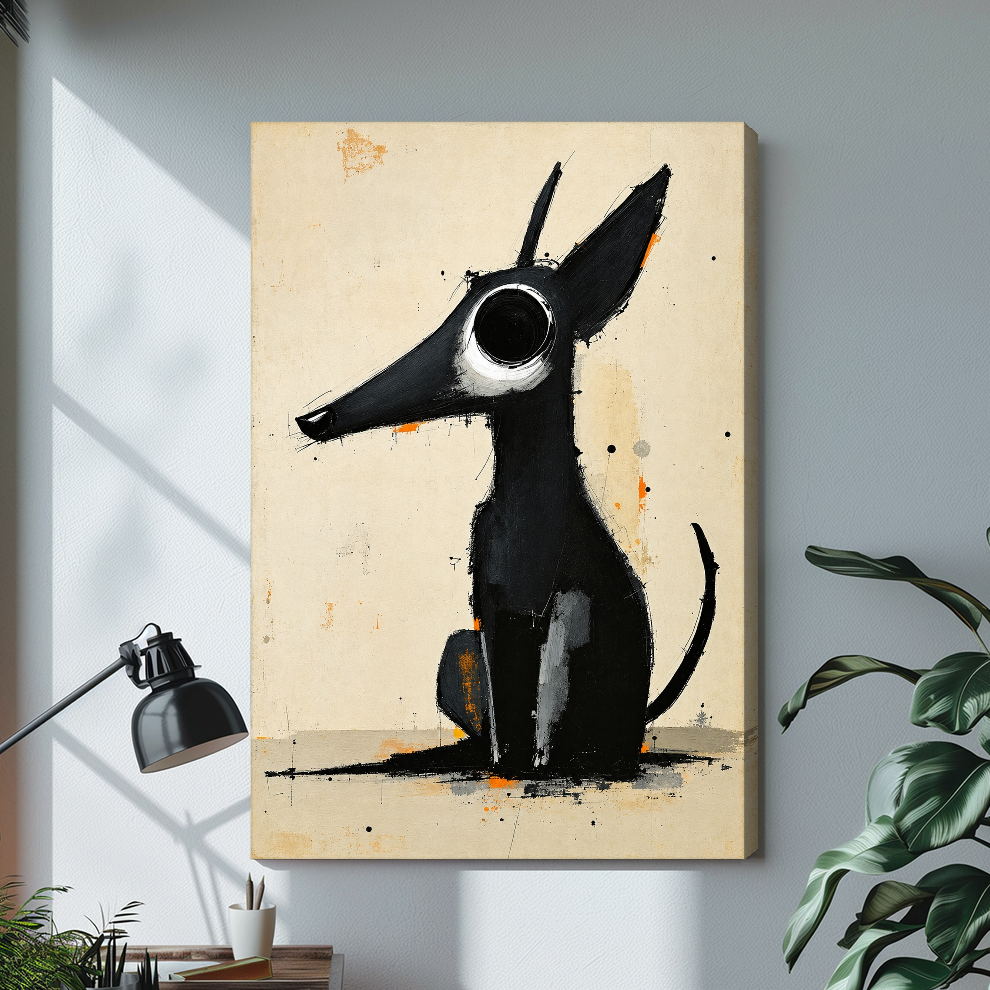 Stretched long snout black dog canvas with a shaded wrapped edge in the selected room setting.