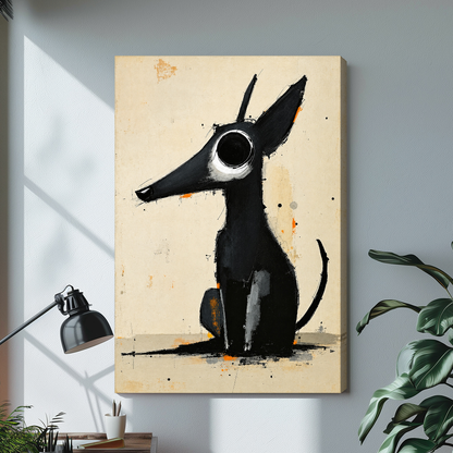 Stretched long snout black dog canvas with a shaded wrapped edge in the selected room setting.