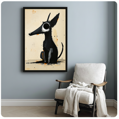 Framed long snout black dog canvas beside a pale reading chair on a blue gray wall.