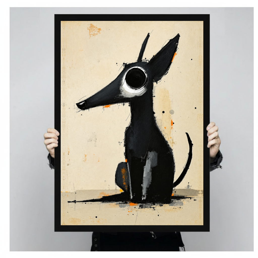 Framed long snout black dog canvas held by a person against a light neutral background.