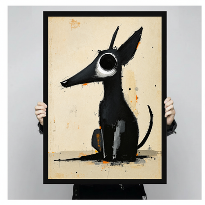 Framed long snout black dog canvas held by a person against a light neutral background.