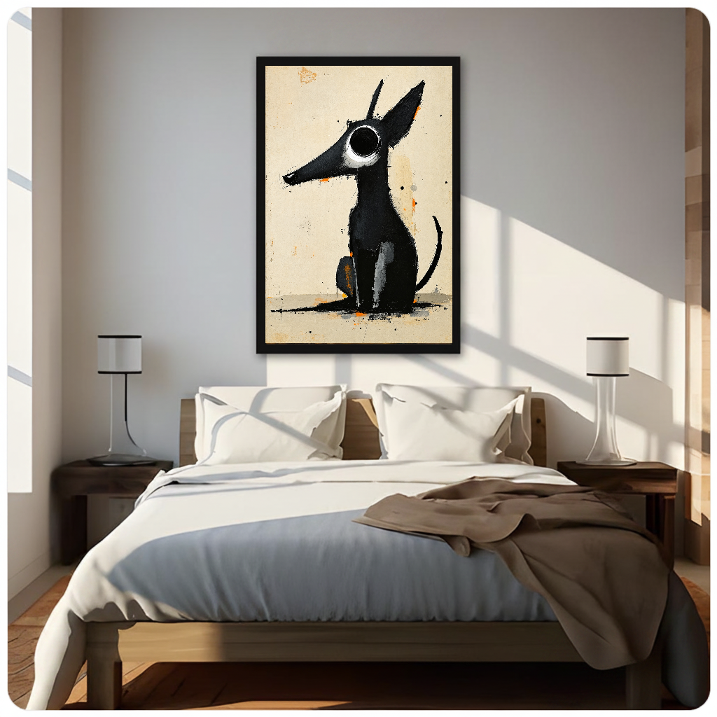 Framed long snout black dog canvas above a neutral bed beside soft bedroom lighting and lamps.