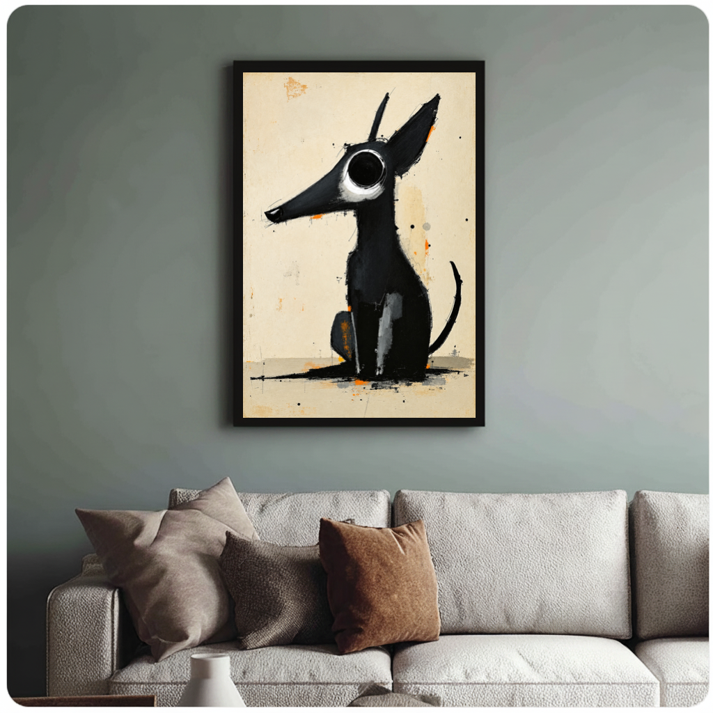Framed long snout black dog canvas above a neutral sofa with cushions against a muted wall.
