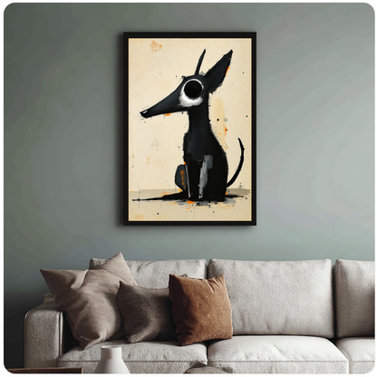 Framed long snout black dog canvas above a neutral sofa with cushions against a muted wall.