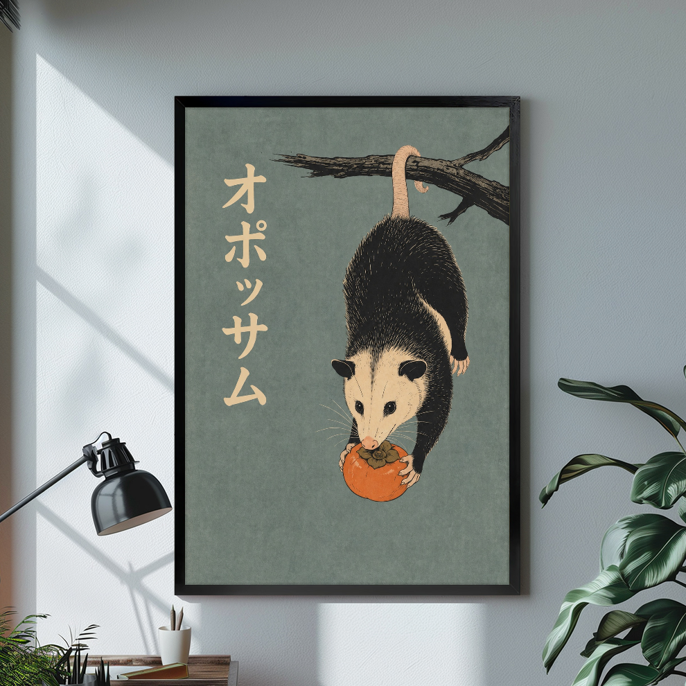 Black framed hanging persimmon opossum canvas on a pale wall above a desk and plant.