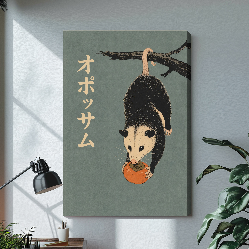 Stretched hanging persimmon opossum canvas with a shaded wrapped edge in the selected room setting.