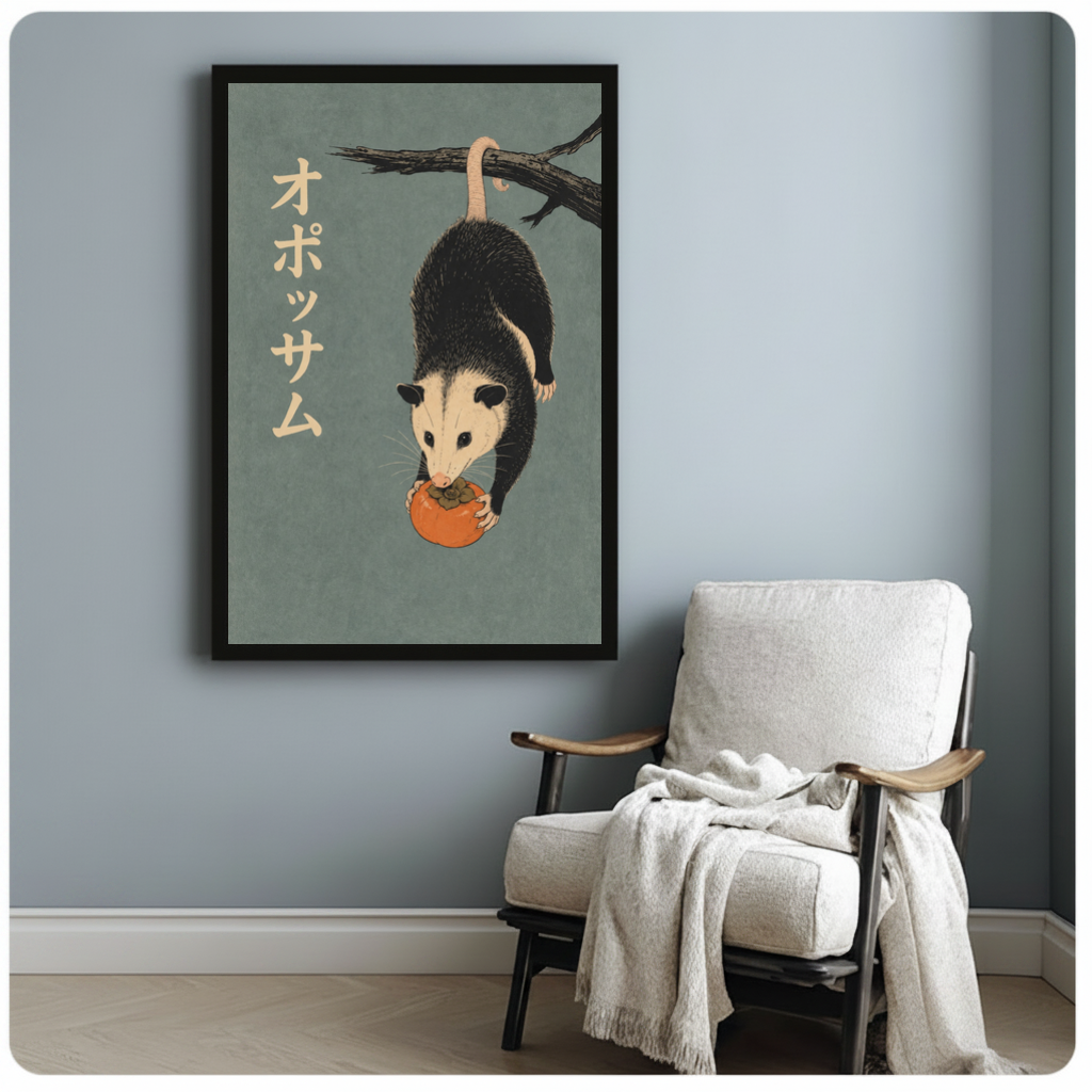 Framed hanging persimmon opossum canvas beside a pale reading chair on a blue gray wall.