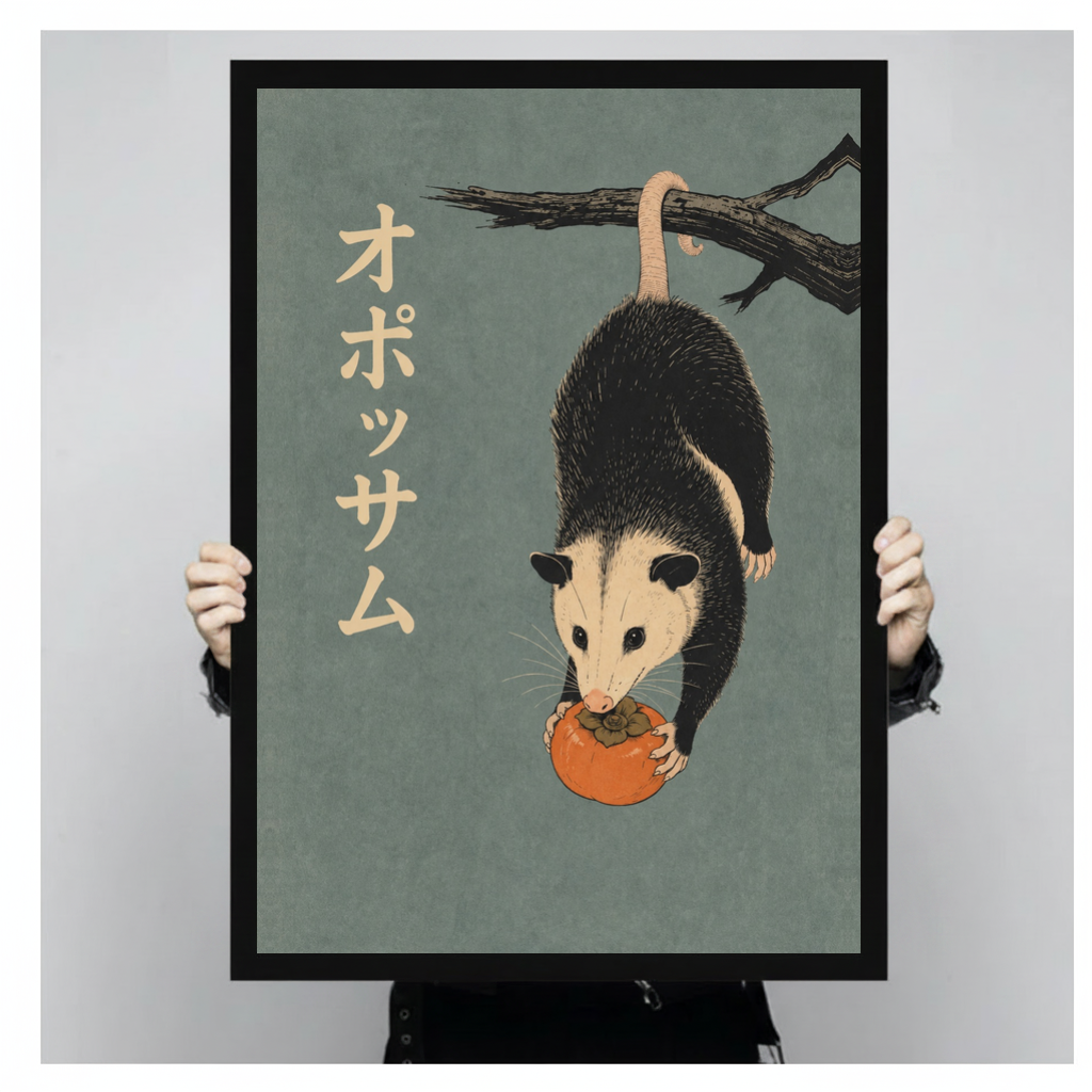 Framed hanging persimmon opossum canvas held by a person against a light neutral background.