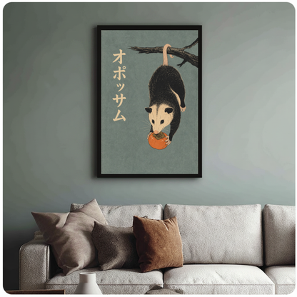 Framed hanging persimmon opossum canvas above a neutral sofa with cushions against a muted wall.