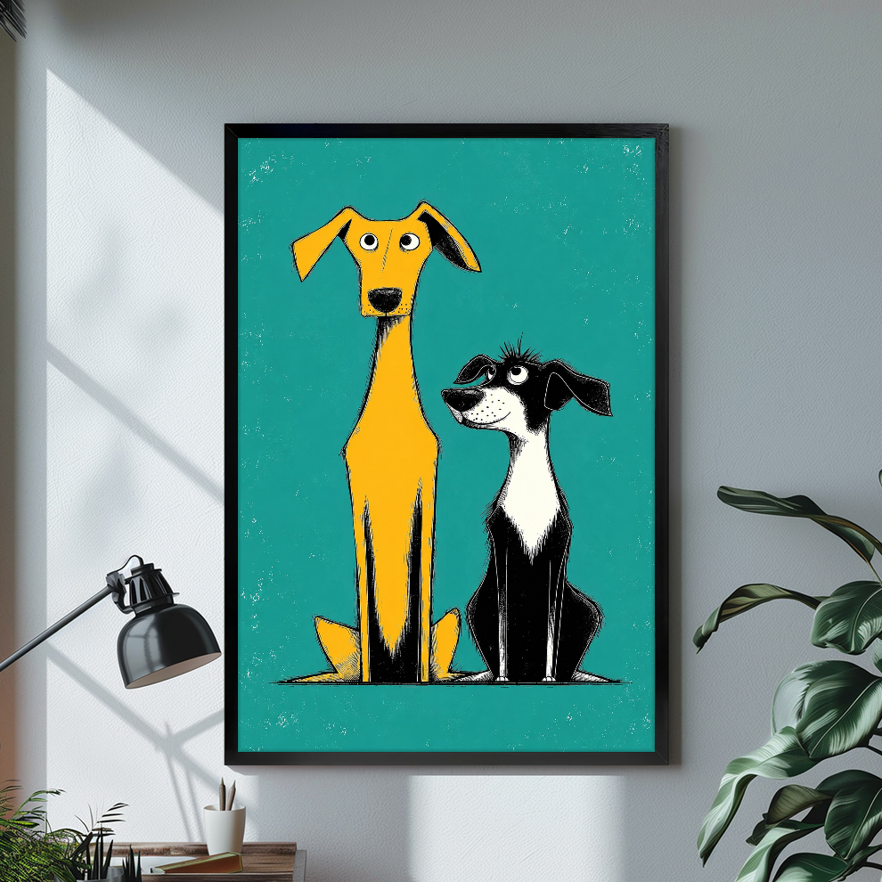 Black framed two quirky yellow dogs canvas on a pale wall above a desk and plant.