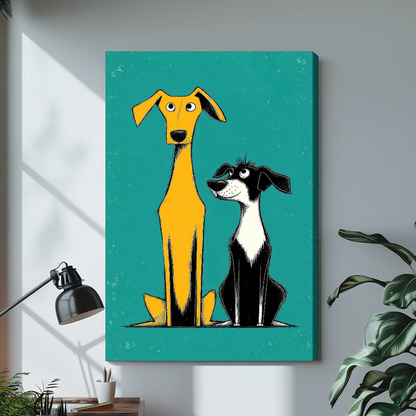 Stretched two quirky yellow dogs canvas with a shaded wrapped edge in the selected room setting.
