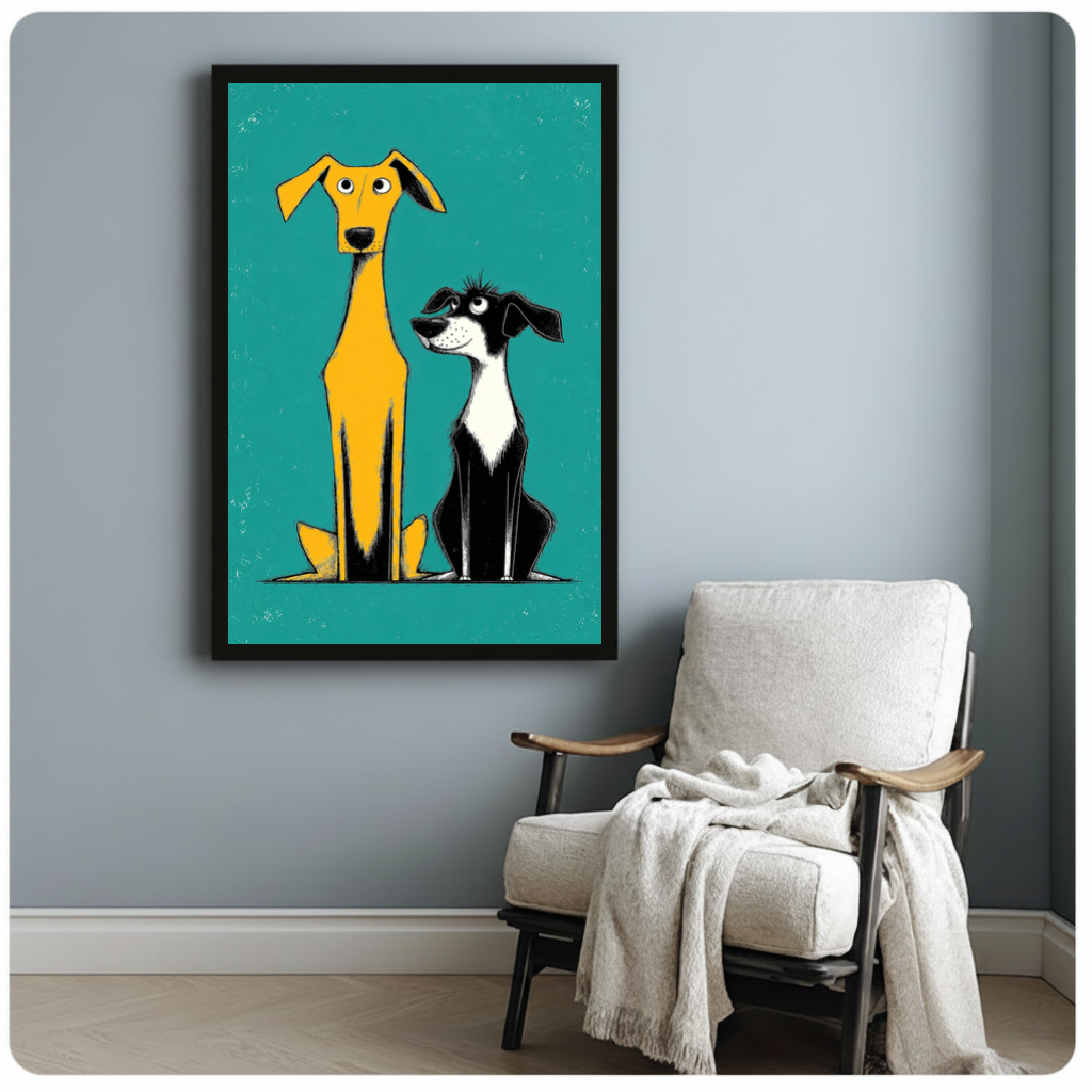 Framed two quirky yellow dogs canvas beside a pale reading chair on a blue gray wall.