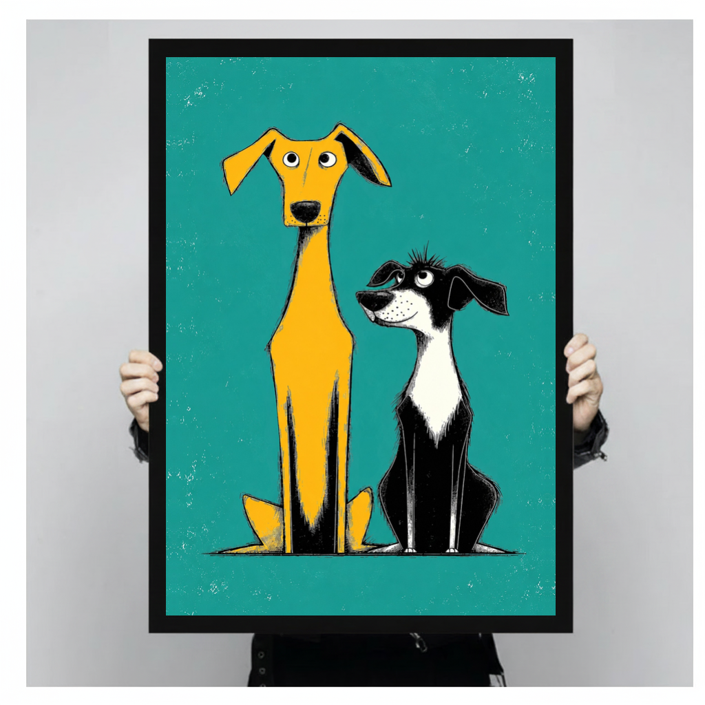 Framed two quirky yellow dogs canvas held by a person against a light neutral background.