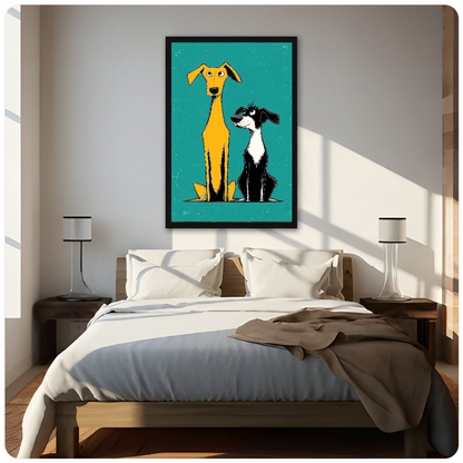 Framed two quirky yellow dogs canvas above a neutral bed beside soft bedroom lighting and lamps.