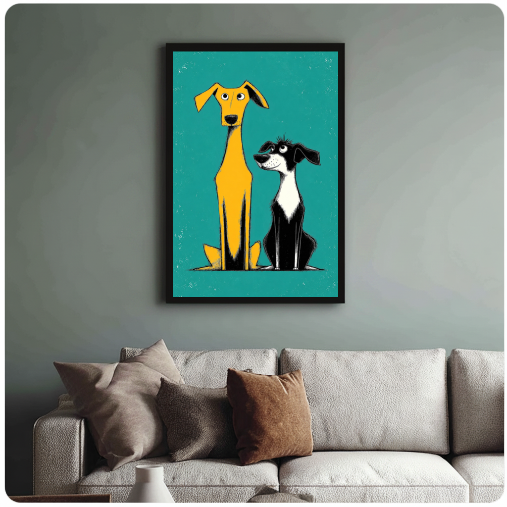 Framed two quirky yellow dogs canvas above a neutral sofa with cushions against a muted wall.