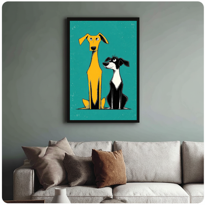 Framed two quirky yellow dogs canvas above a neutral sofa with cushions against a muted wall.