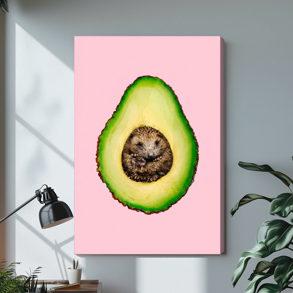 Stretched avocado hedgehog canvas with a shaded wrapped edge in the selected room setting.