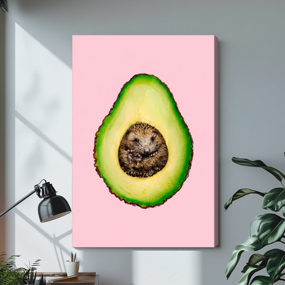 Stretched avocado hedgehog canvas with a shaded wrapped edge in the selected room setting.