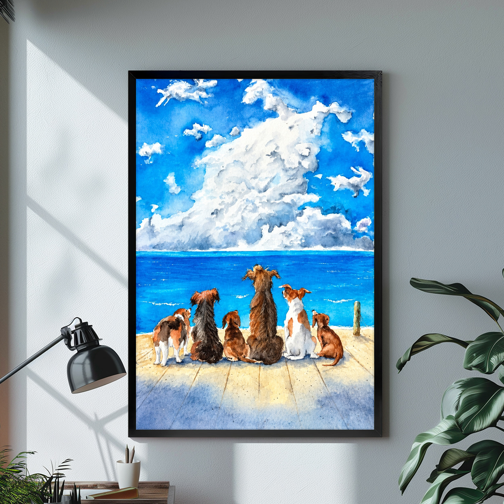 Black framed dogs watching horse cloud canvas on a pale wall above a desk and plant.