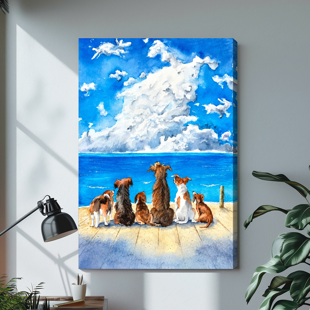 Stretched dogs watching horse cloud canvas with a shaded wrapped edge in the selected room setting.
