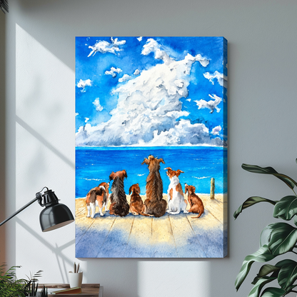 Stretched dogs watching horse cloud canvas with a shaded wrapped edge in the selected room setting.
