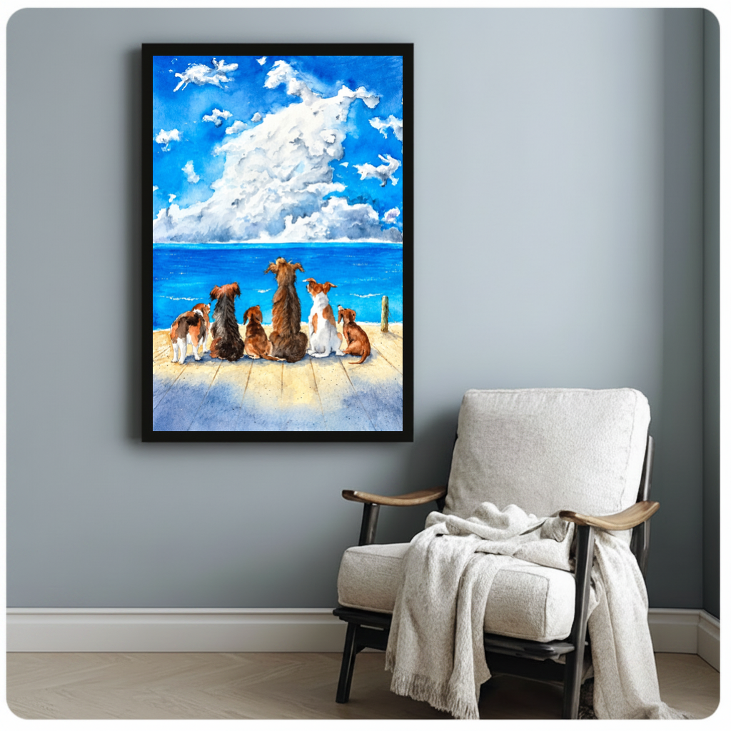 Framed dogs watching horse cloud canvas beside a pale reading chair on a blue gray wall.