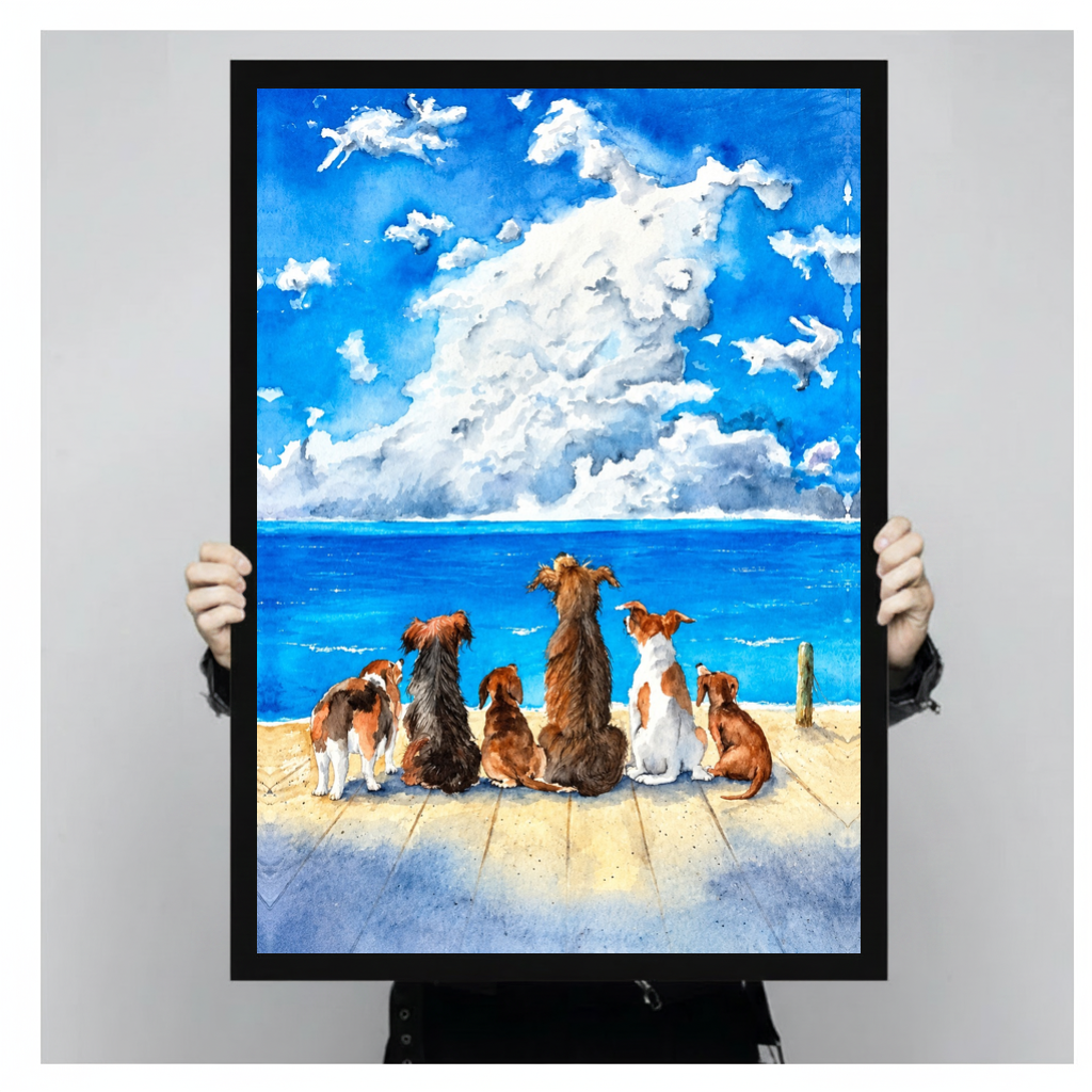 Framed dogs watching horse cloud canvas held by a person against a light neutral background.