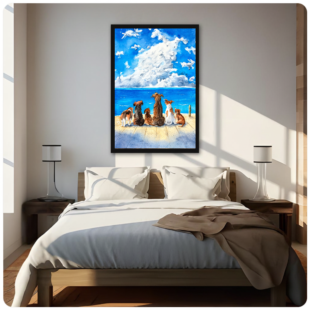 Framed dogs watching horse cloud canvas above a neutral bed beside soft bedroom lighting and lamps.