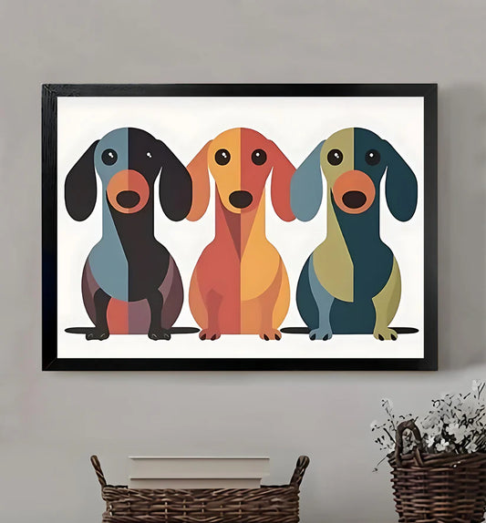 The Playful Puppies – Colorful Dog Wall Art on Natural Wood Grain Canvas | W405