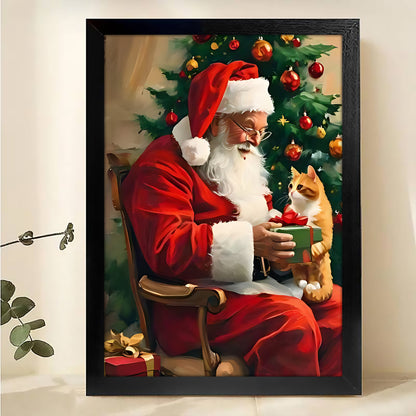 The Gift-Giving Santa – Cozy Christmas Wall Art on Natural Wood Grain Canvas | W492
