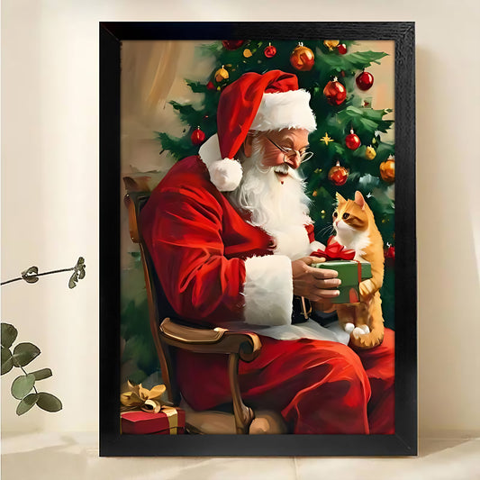 The Gift-Giving Santa – Cozy Christmas Wall Art on Natural Wood Grain Canvas | W492