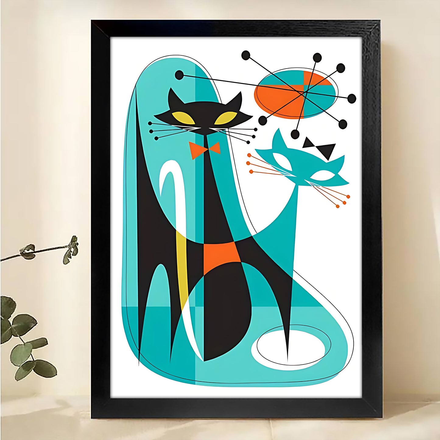 The Abstract Geometric Black Cat – Modern Feline Wall Art on Natural Wood Grain Canvas | W493