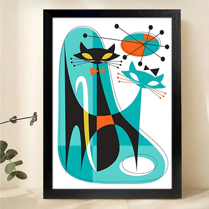 The Abstract Geometric Black Cat – Modern Feline Wall Art on Natural Wood Grain Canvas | W493