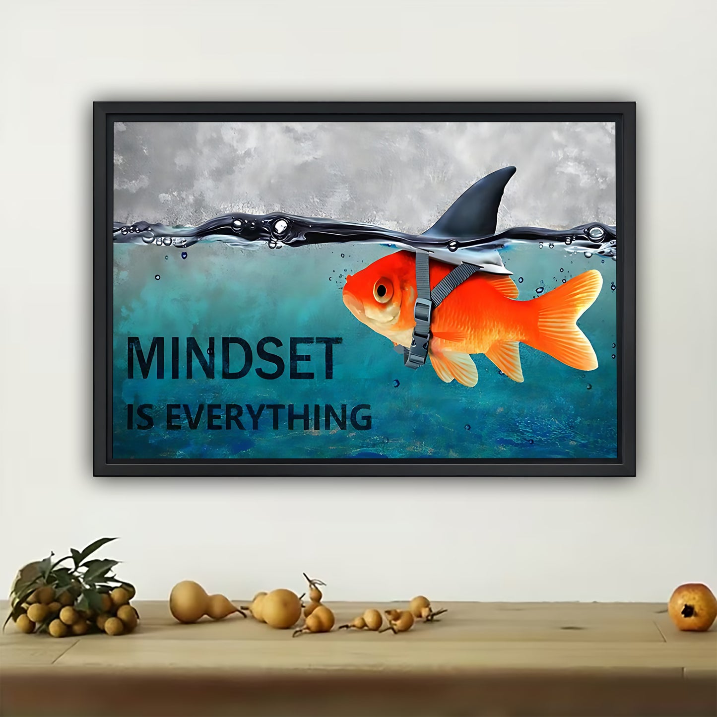 The Mindset Is Everything Fish – Inspirational Shark & Goldfish Wall Art on Natural Wood Grain Canvas | W495