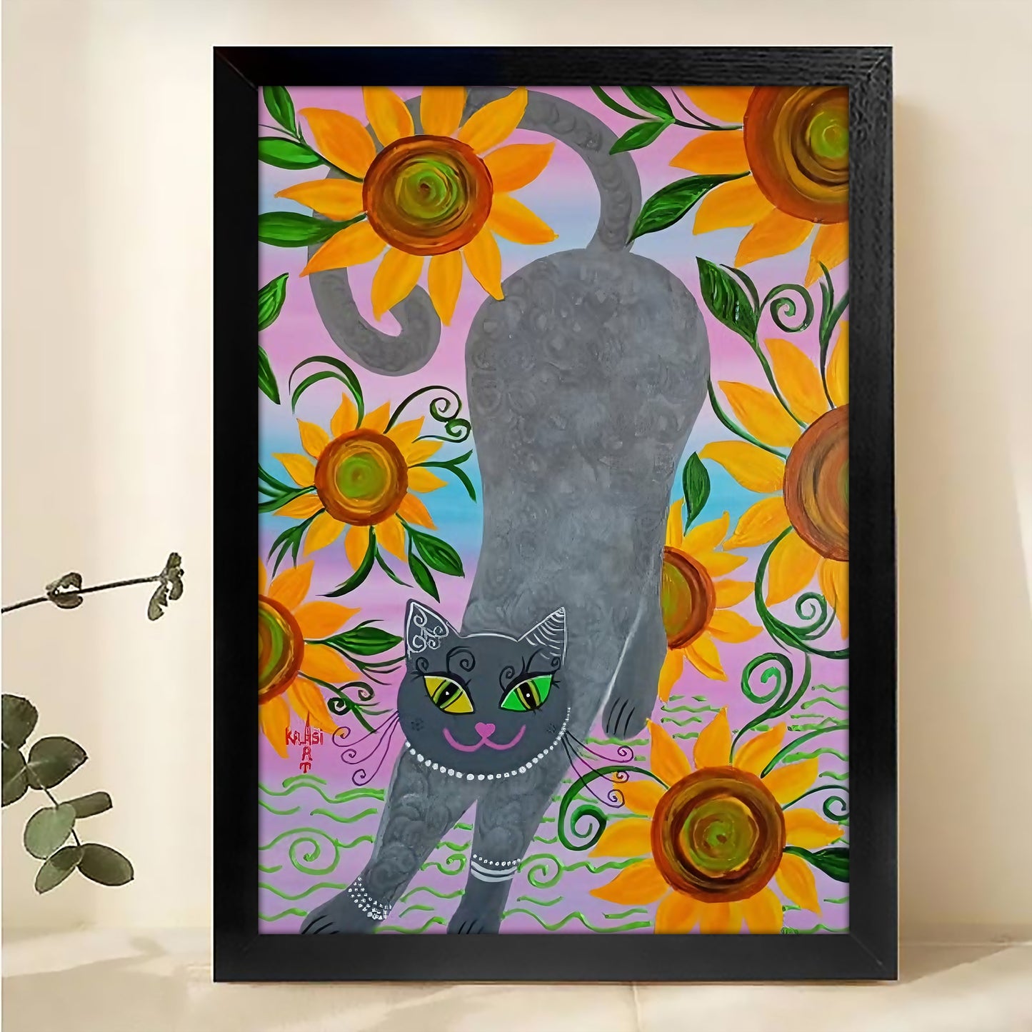 The Sunflower-Backed Black Cat – Cheerful Floral Feline Wall Art on Natural Wood Grain Canvas | W497