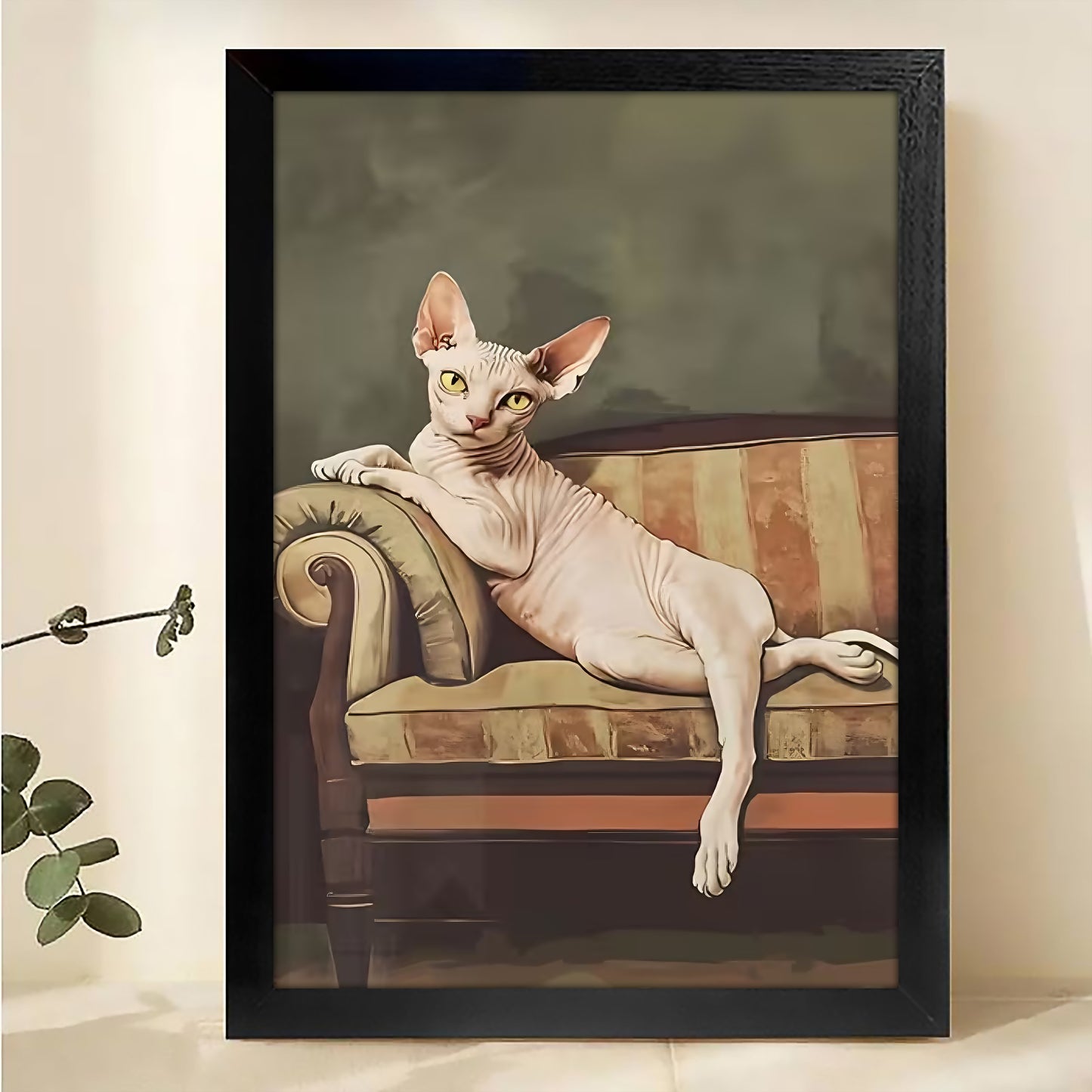 The Lounge Cat on Sofa – Elegant Sphynx Wall Art on Natural Wood Grain Canvas | W498