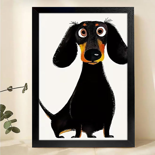 The Playful Cartoon Dachshund – Quirky Black Dog Wall Art on Natural Wood Grain Canvas | W499