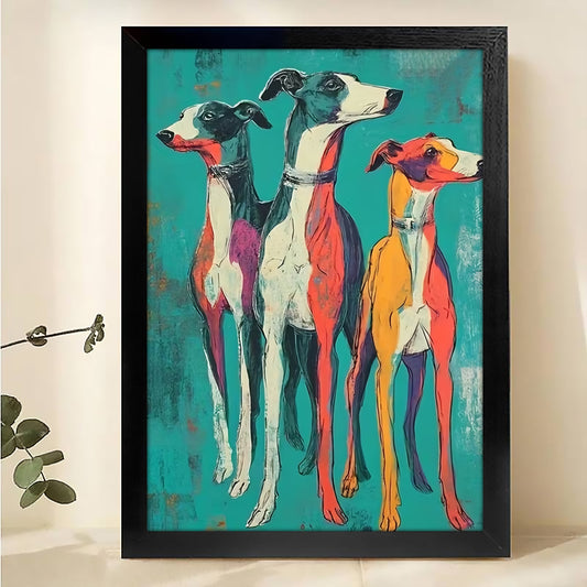The Vibrant Greyhound Group – Colorful Dog Portrait Wall Art on Natural Wood Grain Canvas | W500