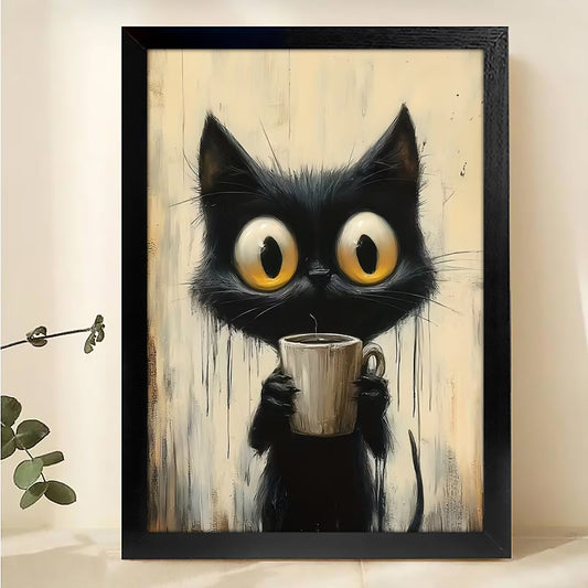 The Wide-Eyed Cup-Holding Cat – Whimsical Feline Wall Art on Natural Wood Grain Canvas | W501