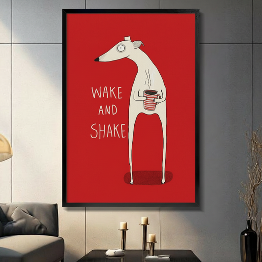Framed canvas wall art of a quirky white greyhound holding a steaming coffee cup with "Wake and Shake" text on bold red background, displayed in dark modern living room