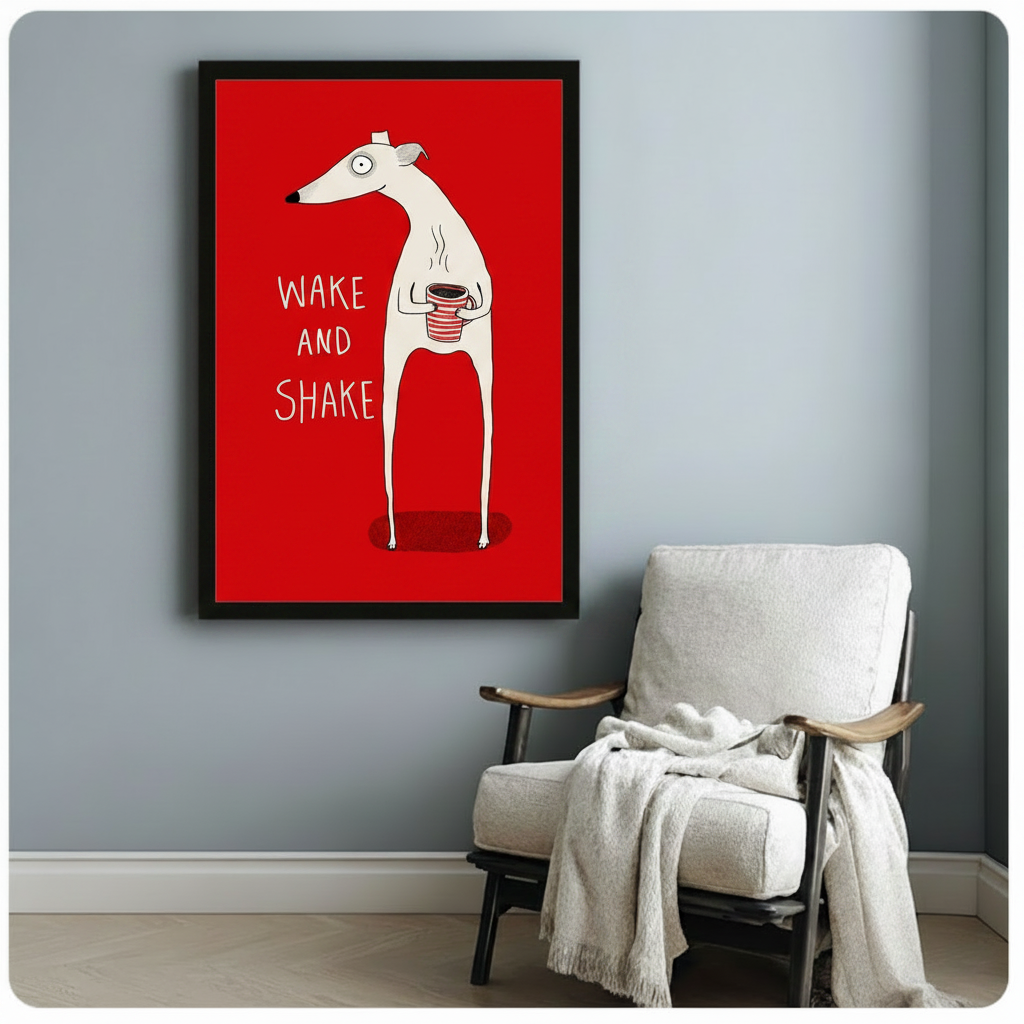 Framed whimsical greyhound with coffee cup "Wake and Shake" art print above white linen armchair in cozy Scandinavian-style reading nook