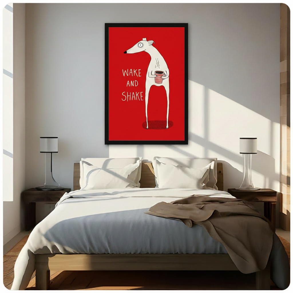 Large framed "Wake and Shake" greyhound holding coffee canvas art above wooden bed in sunlit minimalist bedroom with white bedding and bedside lamps