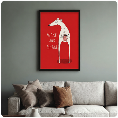 Framed "Wake and Shake" greyhound coffee wall art above grey linen sofa in bright neutral living room with warm natural light