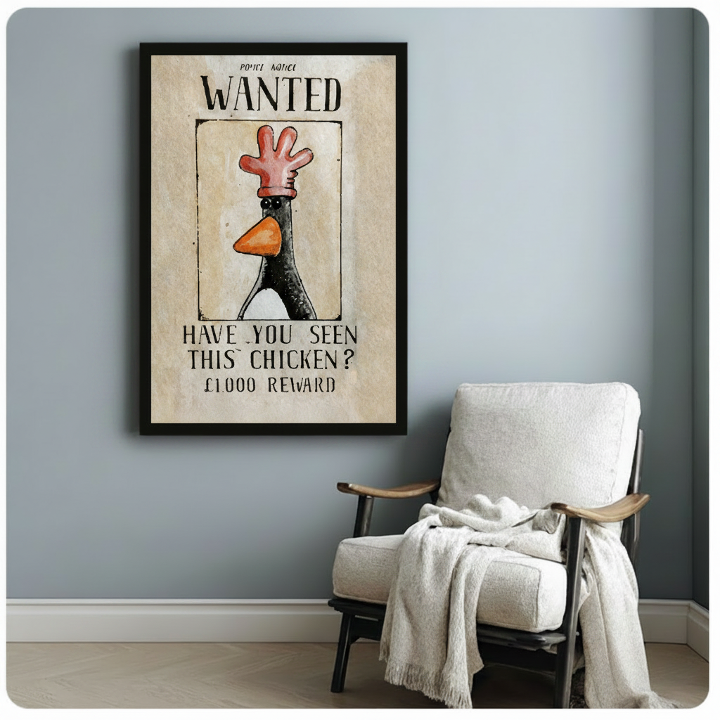 Framed wanted chicken funny art print hanging on blue-grey wall above armchair – whimsical animal wall decor for living room