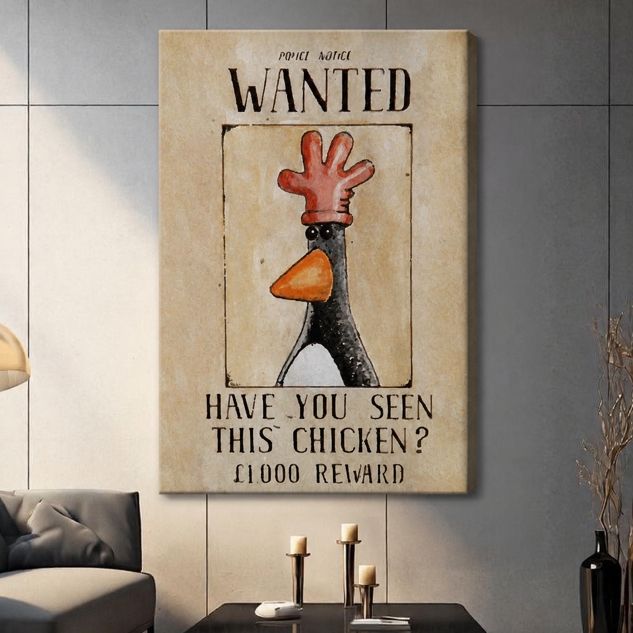 Wanted chicken canvas wall art print in neutral beige living room – quirky animal poster for home decor