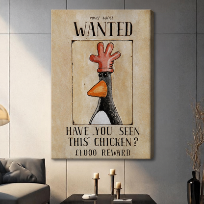 Wanted chicken canvas wall art print in neutral beige living room – quirky animal poster for home decor