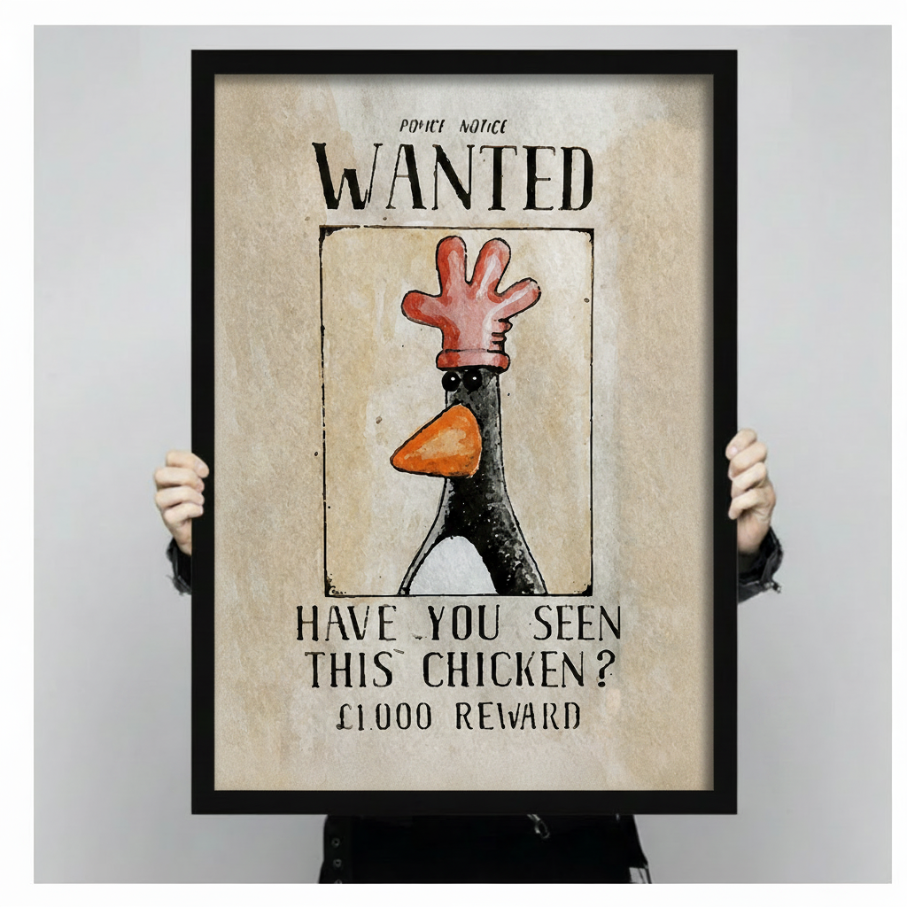 Close-up of wanted chicken humorous wall art poster held by hands showing print detail and vintage distressed texture